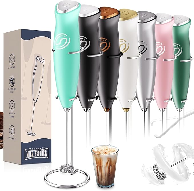 HeyLotie Milk Frother With Stand Handheld Frother Wand Drink Mixer Handheld Coffee Stirrers Electric Frother for Coffee Mixer Wand with 2 Whisk frother for protein powder-Aqua