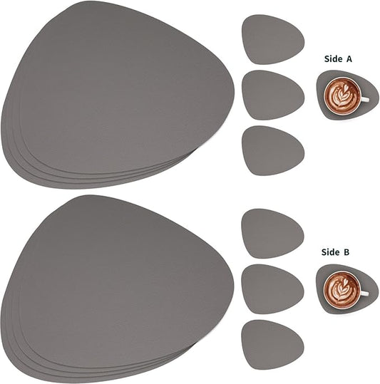 Myir JUN Placemats, Dual-Sided Placemats Waterproof Faux Leather Placemats Set of 6 Place Mats and Coasters Non-Slip Washable Table Mats for Dining Table (Gray, Set of 6)