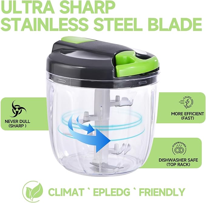 Ziweaye Manual Food Processor Vegetable Chopper, Portable Hand Pull String Garlic Mincer Onion Cutter for Veggies, Ginger, Fruits, Nuts, Herbs, etc., （900ml,Gray-green）