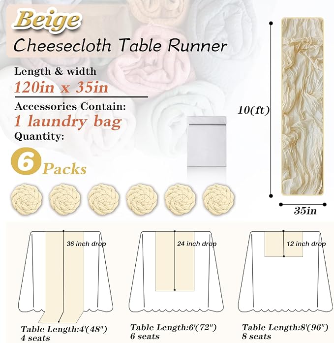 Beige Cheesecloth Table Runner 6 Pack 35" Boho Gauze Runner 120 inches Long Runner Rustic Sheer Fabric Bulk for Baby Shower Wedding Bridal Shower Birthday Thanksgiving Decorations