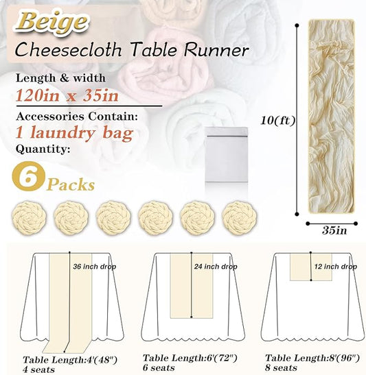 Beige Cheesecloth Table Runner 6 Pack 35" Boho Gauze Runner 120 inches Long Runner Rustic Sheer Fabric Bulk for Baby Shower Wedding Bridal Shower Birthday Thanksgiving Decorations