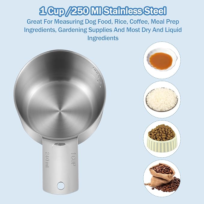 4 Pack 1 Cup Stainless Steel Measuring Cup Metal Measuring Cups with Handle Kitchen Cooking Gadgets Rice Measuring Cup for Wet and Dry Ingredients (240 ml | 240 cc | 8 oz)