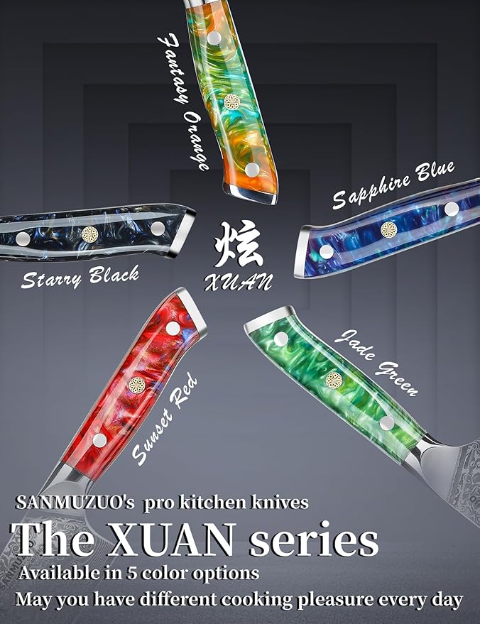 Steak Knives Set of 4, Ultra Sharp Non Serrated Kitchen Steak Knife 5 Inch - Damascus Steel & Resin Handle - Xuan Series (Sapphire Blue)