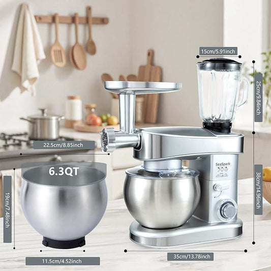 SeaSpark Multifunctional Stand Mixer, 6 in 1 Stand Mixer, 6.3Qt Tilt-head, Standing Mixer with Stainless Steel Bowl, Meat Grinder, Juice Blender, for professional Baking and Most Home Cooks, Silver