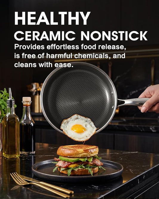 Tibbicc NonStick 6 Pcs Frying Pan Set 8, 10, and 12 Inch Fry Pans with Tempered Glass Lids, Stay-cooling Handle, PFOA Free Non Toxic Dishwash & Oven Safe Kithchen Cookware Set Compatible All Cooktops