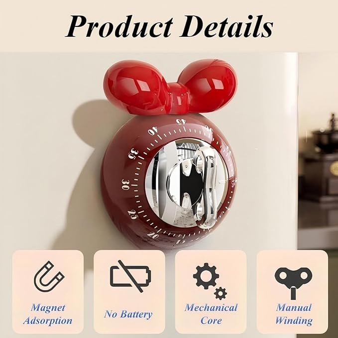 Cooking Timers for Kitchen, Mechanical Kitchen Timer for Cooking Cute with Loud Alarm, No Batteries Required, Magnetic Back of Cute Kitchen Timer for Classroom, Home, Study and Cooking (Red)