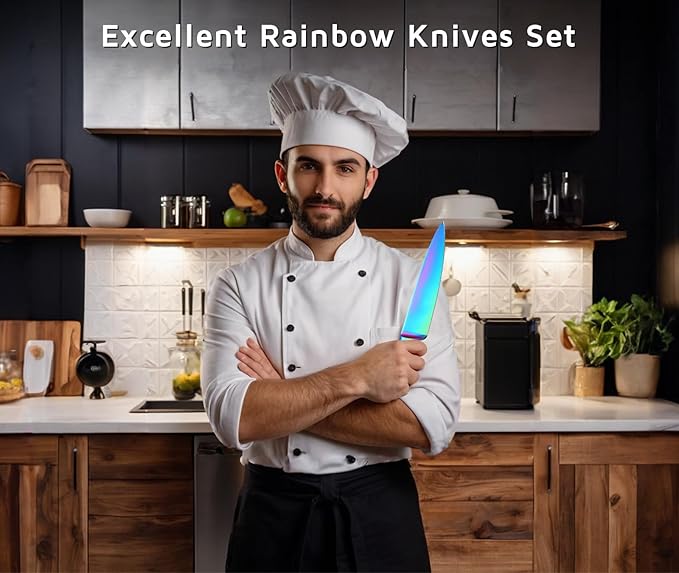 WELLSTAR Rainbow Knife Set 7 Pieces, Iridescent German Stainless Steel Kitchen Knives Set with Acrylic Stand Holder, Colorful Titanium Coating, Chef’s Knife Block Set with 2 Stage Mini Knife Sharpener