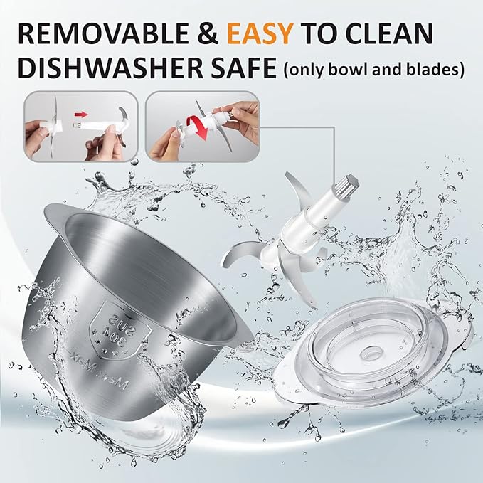 Food Processor Cordless Vegetable Chopper with 5 Cup Stainless Steel Bowl＆6000mAh USB Rechargeable Battery, Electric Garlic Meat Choppers BPA-free Baby Food Processors Blender Mincer, Xmas Gift(White)