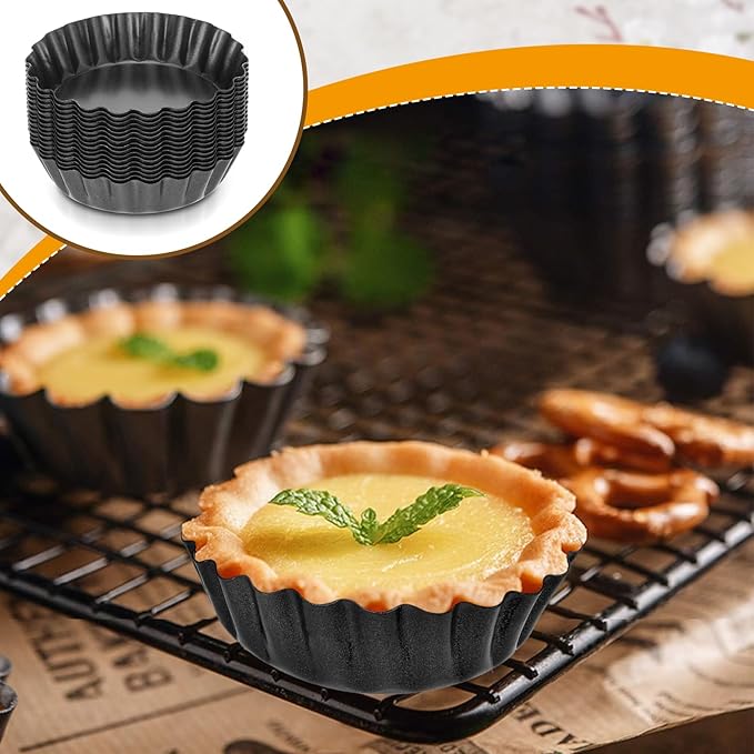 16 Pcs Mini Tart Pans Egg Tart Molds with Removable Bottom Round Nonstick Quiche Pan Mini Pie Pans Small Bakeware Mold Fluted Side for Mousse Cake Dessert Baking (3 Inch, Dark Gray)