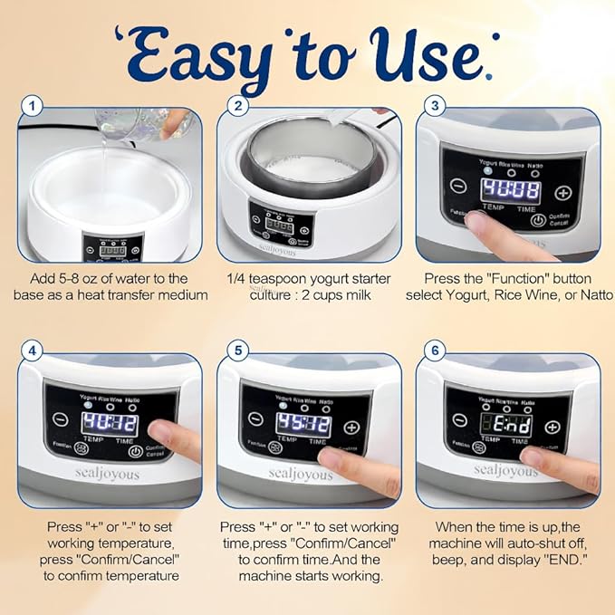 Genuine sealjoyous Yogurt Maker 1-36 hours multi-functional constant temperature yogurt machine,32-45 degrees adjustable, automatic digital LCD display 1.2 liters capacity(With 5 Cups)