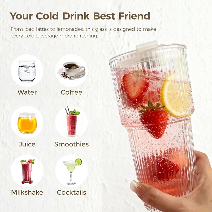 18oz Ribbed Glass Tumbler with Lids & Straws, Set of 2 -Vintage Ribbed Iced Coffee Cups, Reusable Smoothie & Cocktail Drinking Glasses - Perfect for Daily Use & Travel