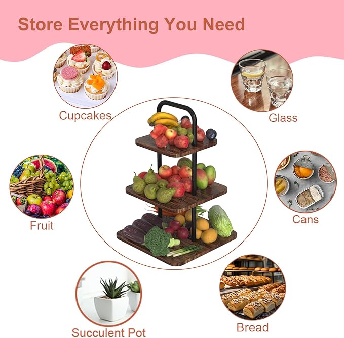Cupcake Stand, 3-Tier Dessert Stand for 32 Cupcakes, Wood & Metal Tower Display Premium Holder Dessert Tree Tower for Christmas Birthday Weddings Party Decor, Serving Tray, Wood Brown