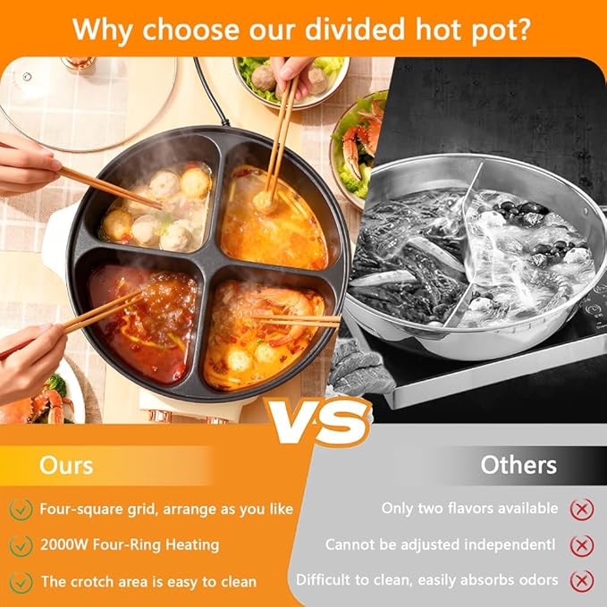Electric Hot Pot with Divider, Four Grid Multifunctional Stew Pot, 4-Flavor Chinese Shabu Shabu Pot, for Family Gatherings Parties,White