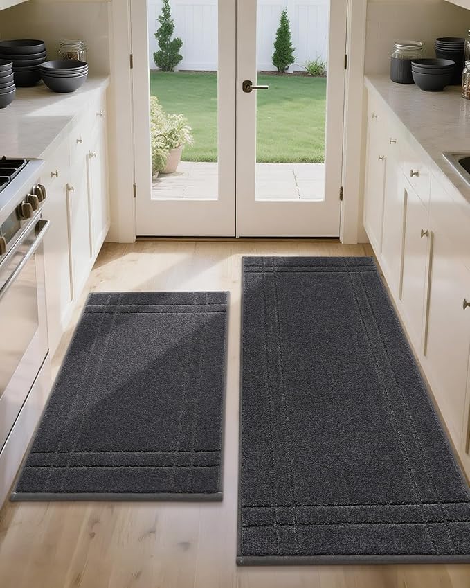 JSEI Kitchen Mats for Floor, Non-Slip Kitchen Rugs, Soft Washable Absorbent Kitchen Mats 2 PCS, Kitchen Runner Rug with TPR Backing, Polyester, 24"x36"+24"x60", Dark Grey