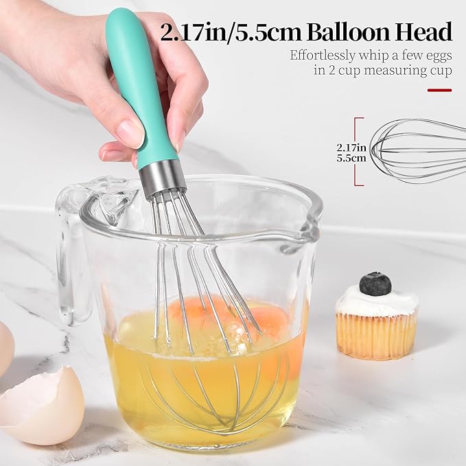 9.06 in Kitchen Wire Whisk, 18/10 Stainless Steel Metal Balloon Wisk Heavy Duty Egg Beater whisker Hand Mixer for Cooking, Baking, Mixing, Stirring, Sauce, Flour, chocolate（Small, Aqua Sky）