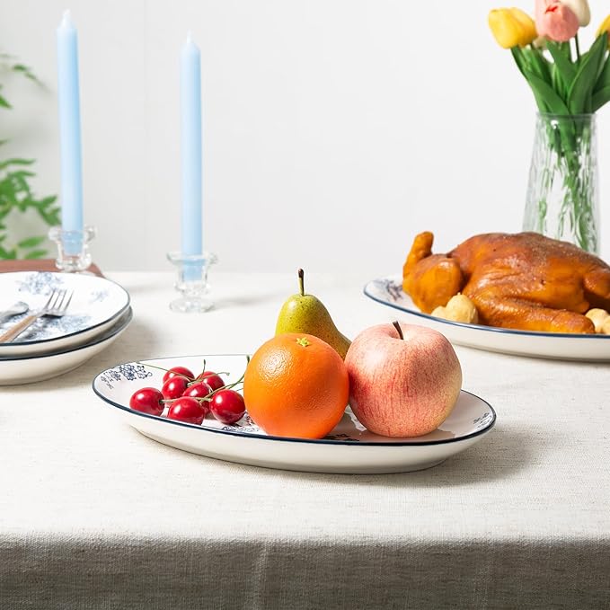 Ceramic Serving Platters, 12 Inch Large Serving Trays, Oval Plates for Dessert Appetizers Meat/Entertaining/Party, Blue and White, Set of 3
