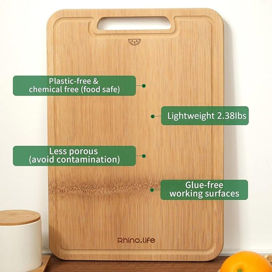 Healthy and No Glue & Organic Non Toxic Large Bamboo Cutting Board with hands for Kitchen,Plastic Free & Juice Groove, Non-solid wood Cutting Board for Meat, Vegetables and Fruits(16 * 11inch)