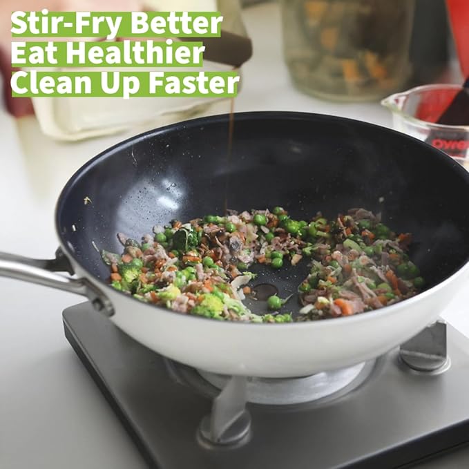 TeChef ValenCera Collectioin | Ceramic Nonstick Flat Bottom Wok Stir Fry Pan with Lid, Nontoxic - Free of PFOA, PTFE, PFAS, Induction Ready, Oven Safe, Made in Korea (Wok/Stir Fry Pan with Lid, 12-in)
