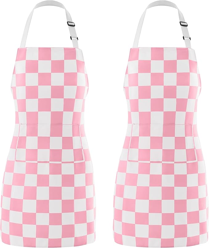 2 Pack Checkered Kitchen Apron, Pink Checkerboard Aprons for Women with Pockets Cute Aesthetic Trendy, Chef Apron for Men, Waterproof Aprons for Cooking