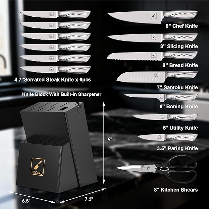 imarku 15-Piece Knife Set with Block, High Carbon Stainless Steel Kitchen Knives with Built-in Sharpener, Dishwasher Safe, Ergonomic Non-Slip Handle, Perfect for Home Cooks & Chefs, Black