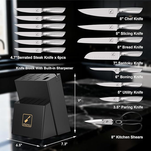 imarku 15-Piece Knife Set with Block, High Carbon Stainless Steel Kitchen Knives with Built-in Sharpener, Dishwasher Safe, Ergonomic Non-Slip Handle, Perfect for Home Cooks & Chefs, Black