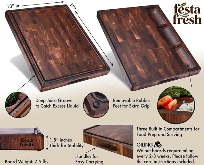 Premium Extra Large Thick End Grain Acacia Wood Cutting Board with Non-Slip Feet, Juice Groove, Sorting Compartments for Kitchen 20x15x1.5