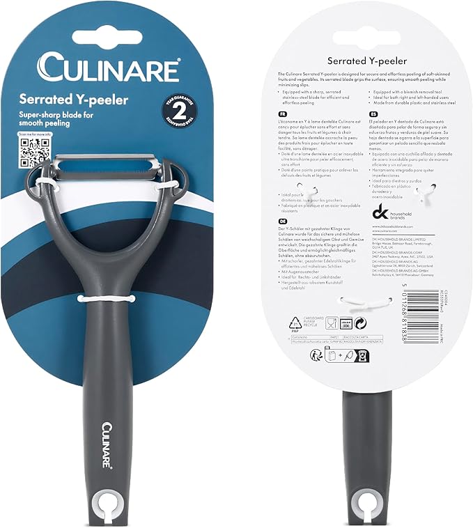 Culinare Serrated Safety Peeler, Grey, Plastic/Stainless Steel, Y Shaped for Maximum Control and Comfort, Manual Tomato/Kiwi Peeler