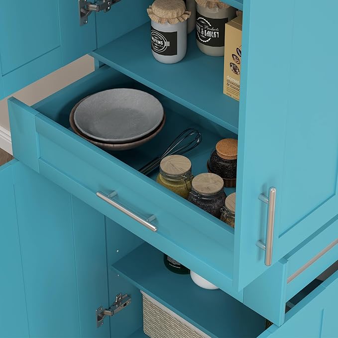HOMCOM 72" Kitchen Pantry Cabinet, Freestanding Tall Storage Cabinet with 4 Doors, Drawer and 3 Adjustable Shelves for Dining Room, Turquoise