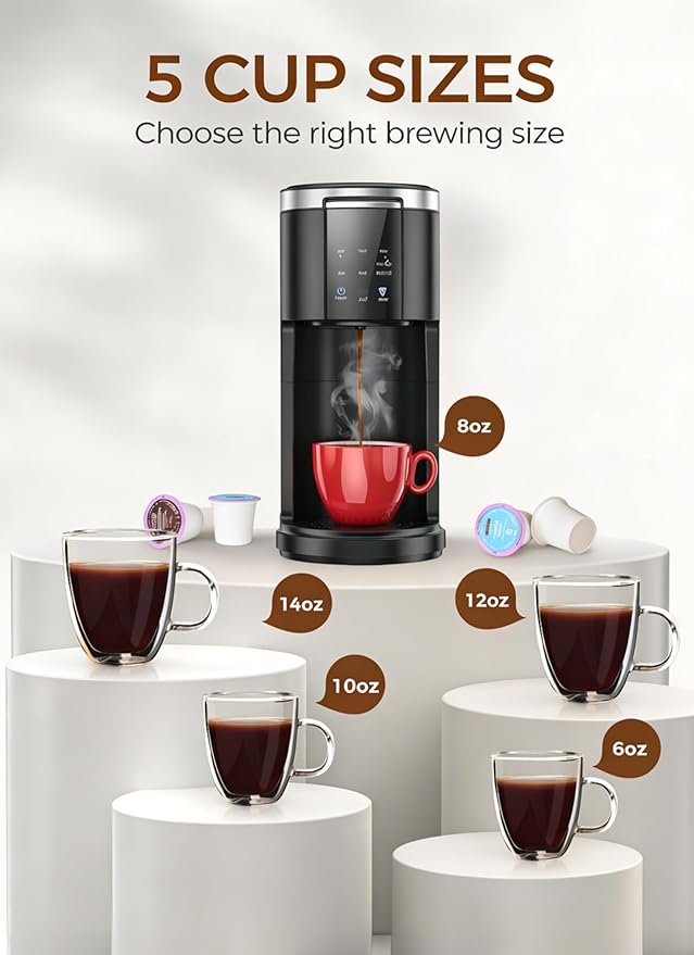 Kndko Single Serve Coffee Maker for K Cups and Ground Coffee, Capsule Coffee Machine, 6 to 14oz Brew Sizes, 40oz Removable Reservoir, Fast Brew, Compact Design, Travel Mug Friendly, Black