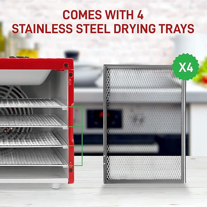 Electric Countertop Food Dehydrator Machine - 350-Watt Premium Multi-Tier Meat Beef Jerky Maker Fruit/Vegetable Dryer w/ 4 Stainless Steel Trays, Digital Timer, Temperature Control - NutriChef NCDH4S