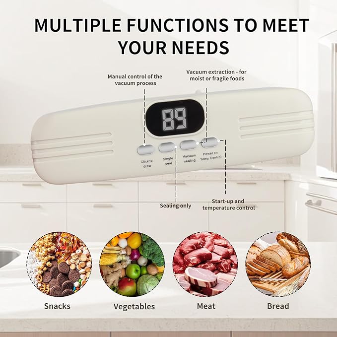Vacuum Sealer Machine For Food, Mini Cordless Vacuum Sealer, 3-in-1 Portable Vacuum Sealer with 4 Snack Bags, 1 Storage Bag, 1 Inflation Pump, 1 Needle & 1 Nozzle (White)