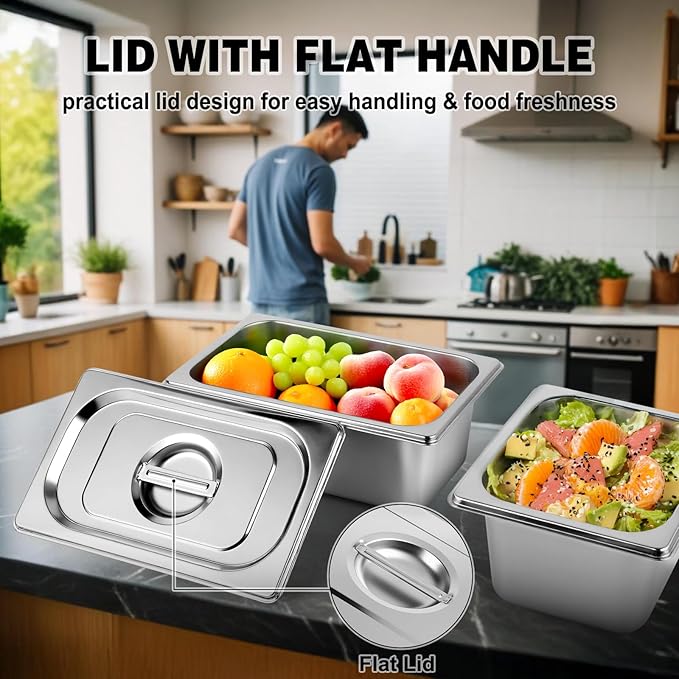 West Bay 4 Pack 1/4 Size Hotel Pan with Lids, 4'' Deep Steam Table Pan with Lid, 10.2''L x 6.3''W Stainless Steel Pans for Home, Party, Hotel, Buffet
