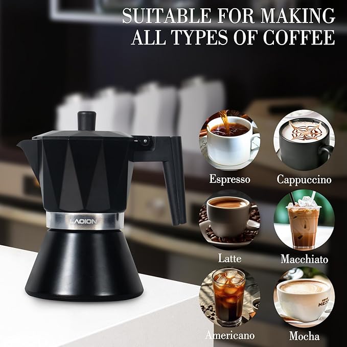 LAOION Moka Pot, 6-Cup Espresso Maker, 300ml Portable Stovetop Espresso Maker, Percolator Coffee Pot Compatible with Induction Cooktops, Suitable for Home and Camping (Black)