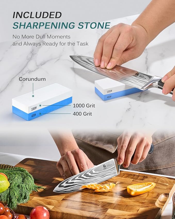 KYOKU 8" Chef Knife, Samurai Series Japanese Style Chef's Knife with Sharpening Stone, High Carbon Steel Kitchen Knife with Pakkawood Handle Mosaic Pin Gift Box for Meat Vegetable Fruit Chopping