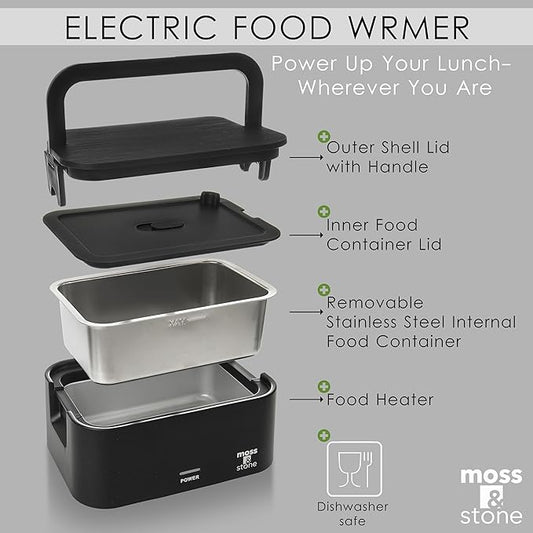 Moss & Stone Black Electric Lunch Box Food Heater for Adults, 80W Portable Warmer for Work with 0.9L 304 Stainless Steel Container, 120V Green Heated Lunch Box Suitable for Dorms/Work/Gift