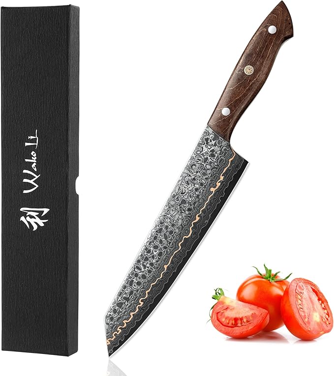 Wakoli Kawa Kiritsuke Chef Knife, 7.9-Inch Blade Kitchen Knife | 67-Layer Damascus Steel with VG10 Core | Copper Inlay | Maple Stabilized Wood Handle | Professional Chef Knife