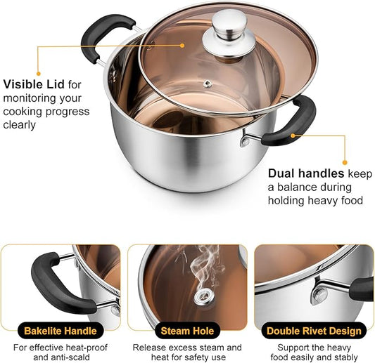 P&P CHEF 3 Qt Stockpot with Lid, Stainless Steel Cooking Stock Pot for Soup, Heat-Proof Double Handles with Visible Lid, Dishwasher Safe & Healthy, 1-Ply Metal