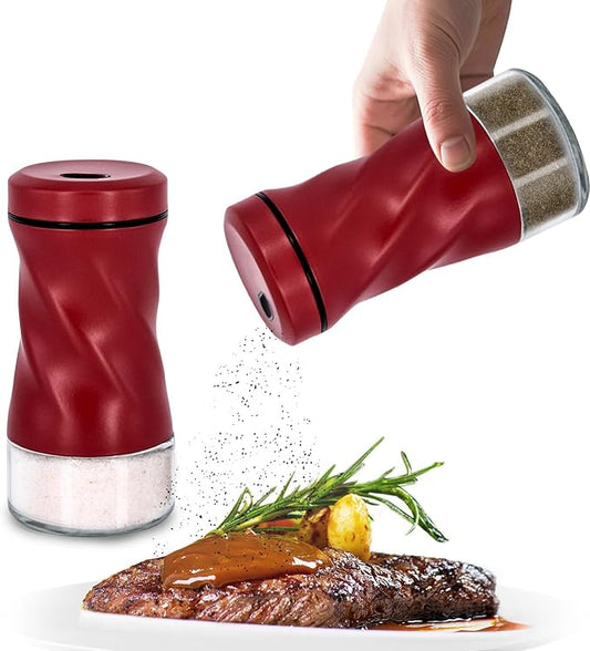 Red Salt and Pepper Shakers with Adjustable Pour Hole, NEODACO Glass Shaker with Stainless Steel Lids for Home, Restaurants, and Weddings, Ideal for Himalayan, Black Pepper, Kosher, and Sea Salts