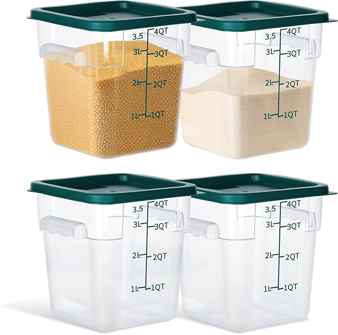 STEELUS 4 Pack Food Storage Containers, 4 Quart with Lids, Square Commercial Containers with Scale, Clear NSF Food Organizing, Polycarbonate