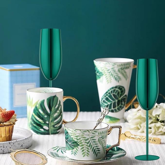 Stainless Steel Champagne Flutes Set of 4-Wedding &Birthday Gifts,8.5 Oz Unbreakable Champagne Glass with Long Stem,Reusable Indoor Outdoor Drinkware (Green)