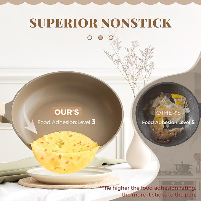 PRICUSIS Nonstick Deep Frying Pan with Glass Lid, 12 Inch (4.8 qt), 5X Durable Nonstick Sauté Pan, Scratch & Stain Resistant, PFOA Free, Induction Compatible, Dishwasher & Oven Safe, Natural Linen