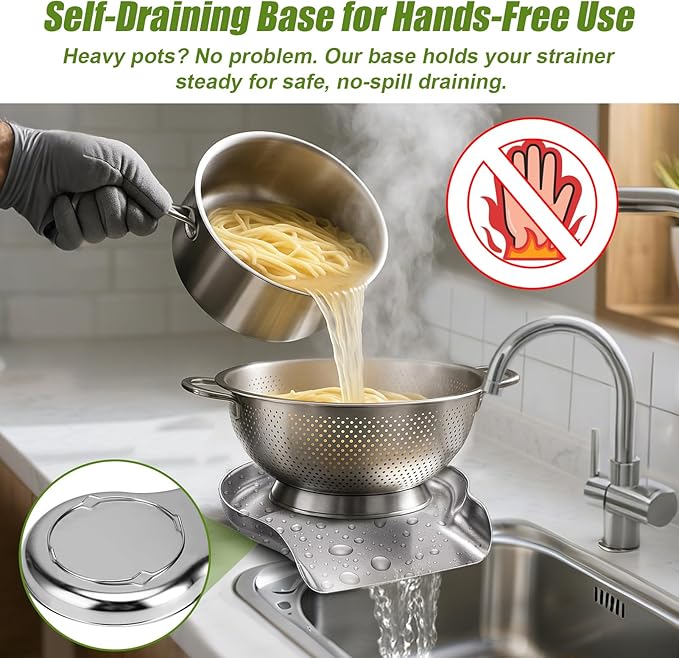 Palksky Colander and Strainer Self Drainer Base Plate Stainless Steel for Kitchen, Metal Countertop Draining Tray for Pasta Rice Noodle Fruit Veggie Food Strainer & Ceramic Colander