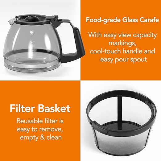 Electactic Compact 5-Cup Programmable Drip Coffee Maker — the essential coffee machine with Digital Clock, 24-hour Timer, Auto Shut-Off, and a Removable Filter Basket for Home & Office.