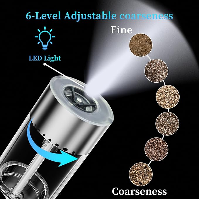 Electric Salt and Pepper Grinder Set Type-C Fast Charging, Automatic Salt and Pepper Shakers Adjustable Coarseness, Stainless Steel Rechargeable Salt and Pepper Grinder with LED Light