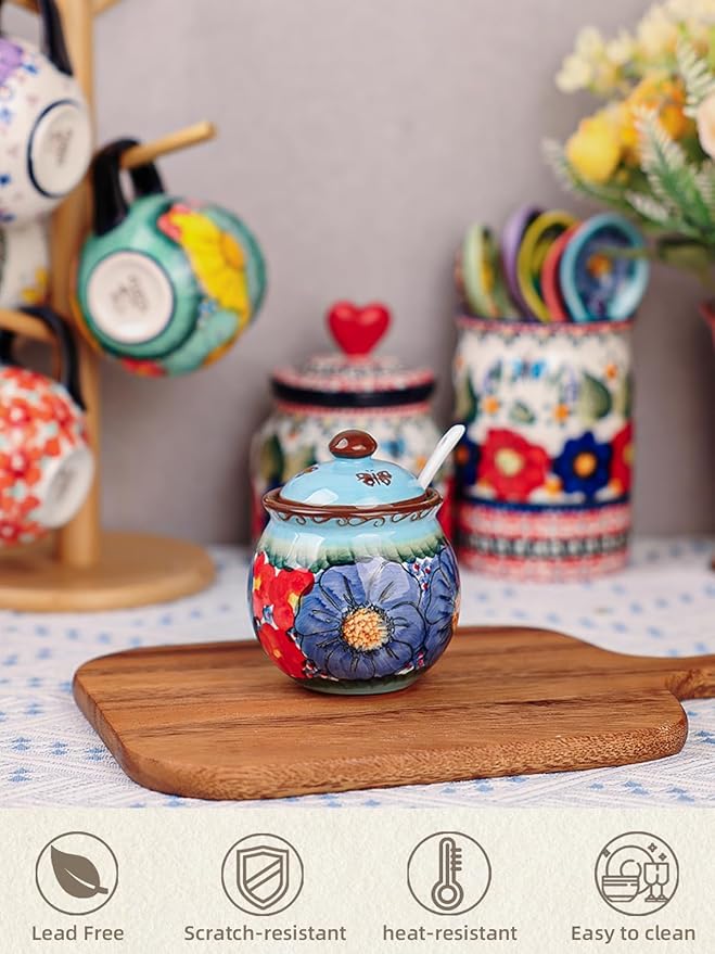 silesia Handmade Sugar Bowl with Lid and Spoon, 8 oz Hand-Painted Ceramic Sugar Jar, Floral Design Seasoning Container for sugar, honey, or spices, Dishwasher Safe (Glazed Blue)
