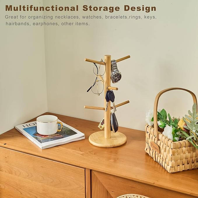Bamboo Mug Tree for Counter, 6 Hooks Detachable Coffee Mug Holder, Decorative Mug Racks for Coffee Bar