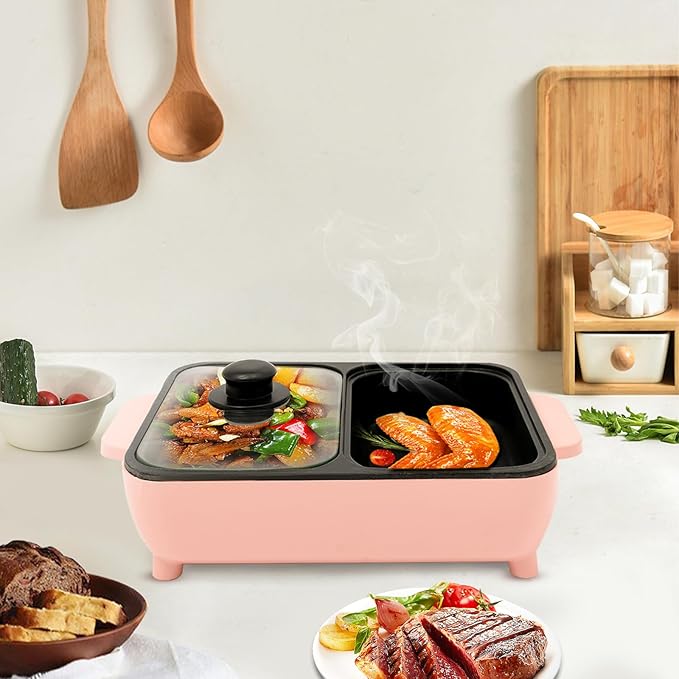 Hot Pot Electric with Grill 2 in 1 Indoor Non-Stick Shabu Pot and Frying Pan 1200W Portable Dual Temperature Control Fast Heating for BBQ, Steaks (Pink)
