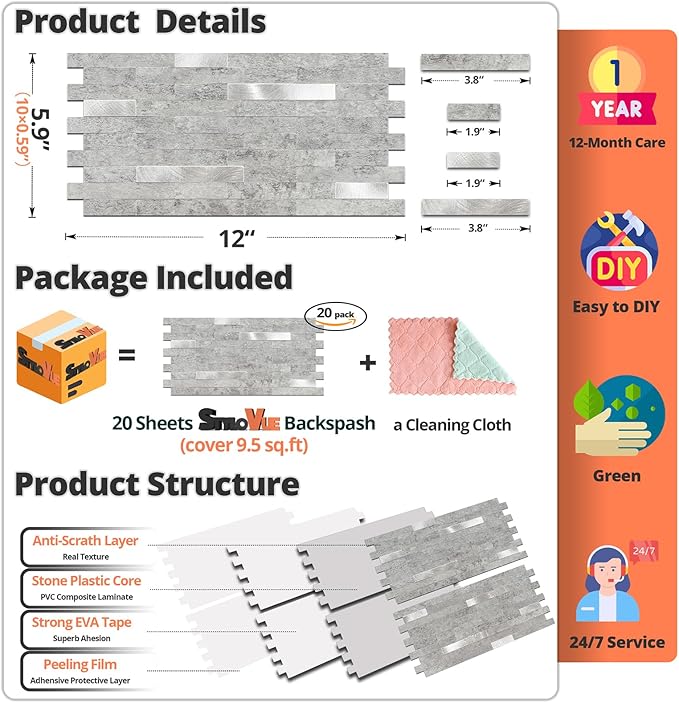 20 Sheets Peel and Stick Backsplash for Kitchen, Slate Gray with Metal Silver Look Stick on Tile Upgrade Your Kitchen Backsplash, RV, Fireplace