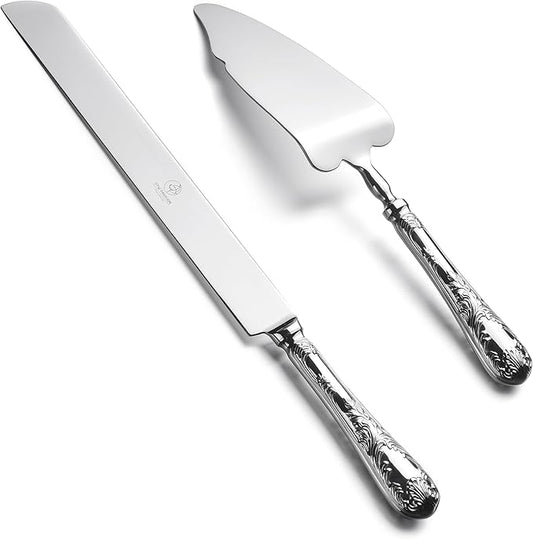 OTW PAVILION 2 Piece Wedding Cake Server Set,18/10 Stainless Steel Dessert Set Pie Server Cake Cutter Knife for Birthday,Anniversary,Holiday,Baby Shower,Party (Versailles, Stainless steel-V)