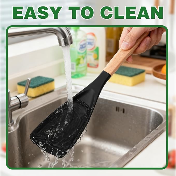 2PCS Cedar and Ash Spoon, Multifunction Nonstick Cookwares Spatula Cooking Spoon, Matte Silicone, Wood Handle Spoon for Mixing, Scoop, and Scrape (Black)